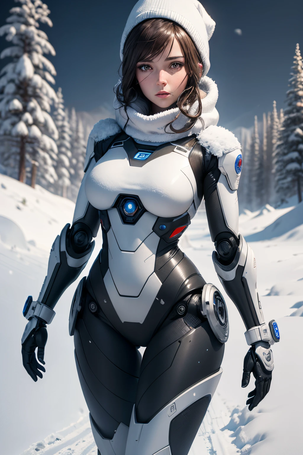 A female robot conducts a search operation during a blizzard in the winter mountains., UHD, retina, masterpiece, ccurate, anatomically correct, textured skin, super detail, high details, high quality, best quality, highres