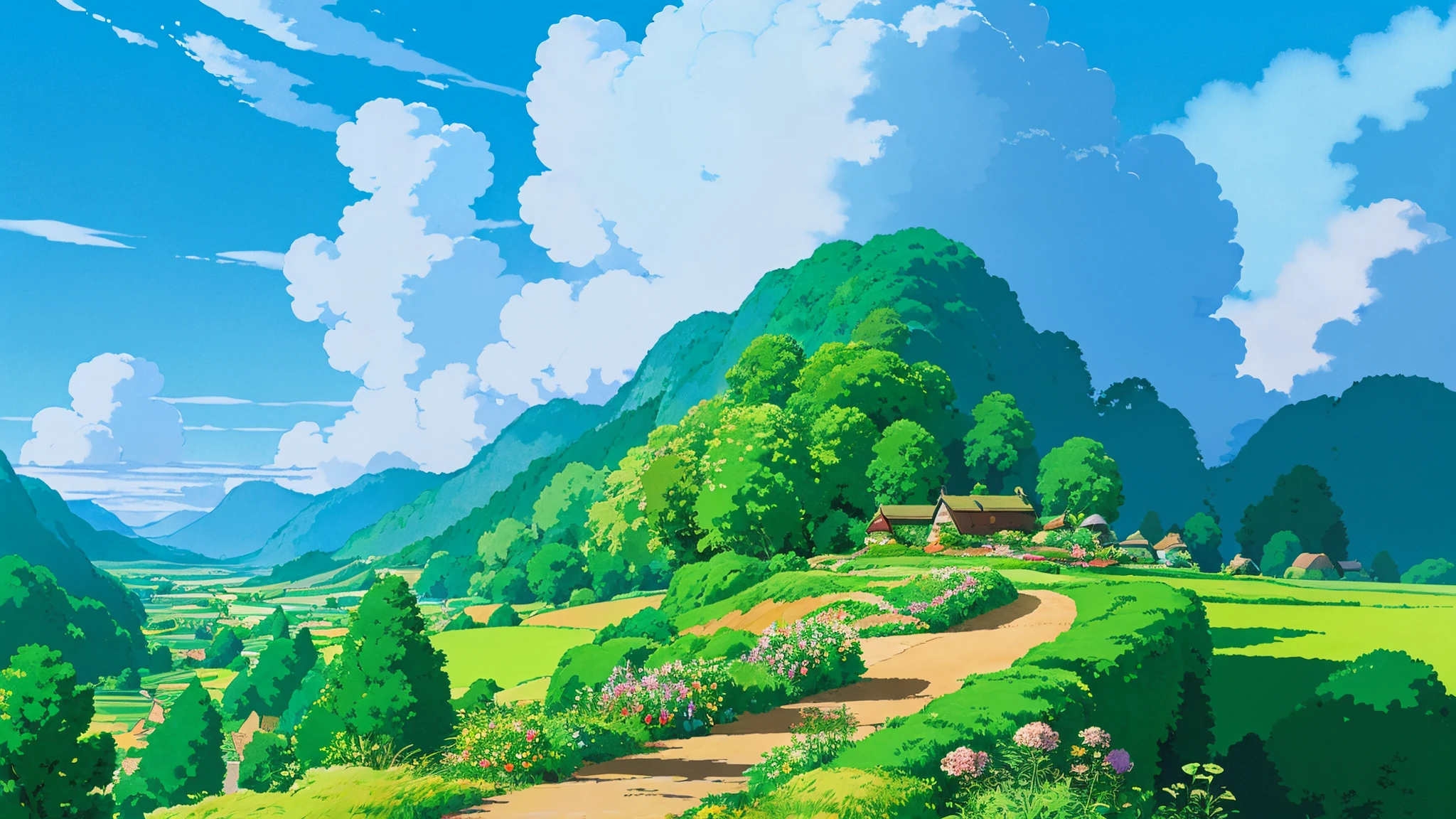 (((high quality))), highly_detailed, extremely_detailed_CG_unity_8k_wallpaper, illustration, highres, absurdres, High saturation, ghibli style, ghibli studio, ghibli artstyle, ghibli studio anime style, miyazaki's animated film, sky, sky background,