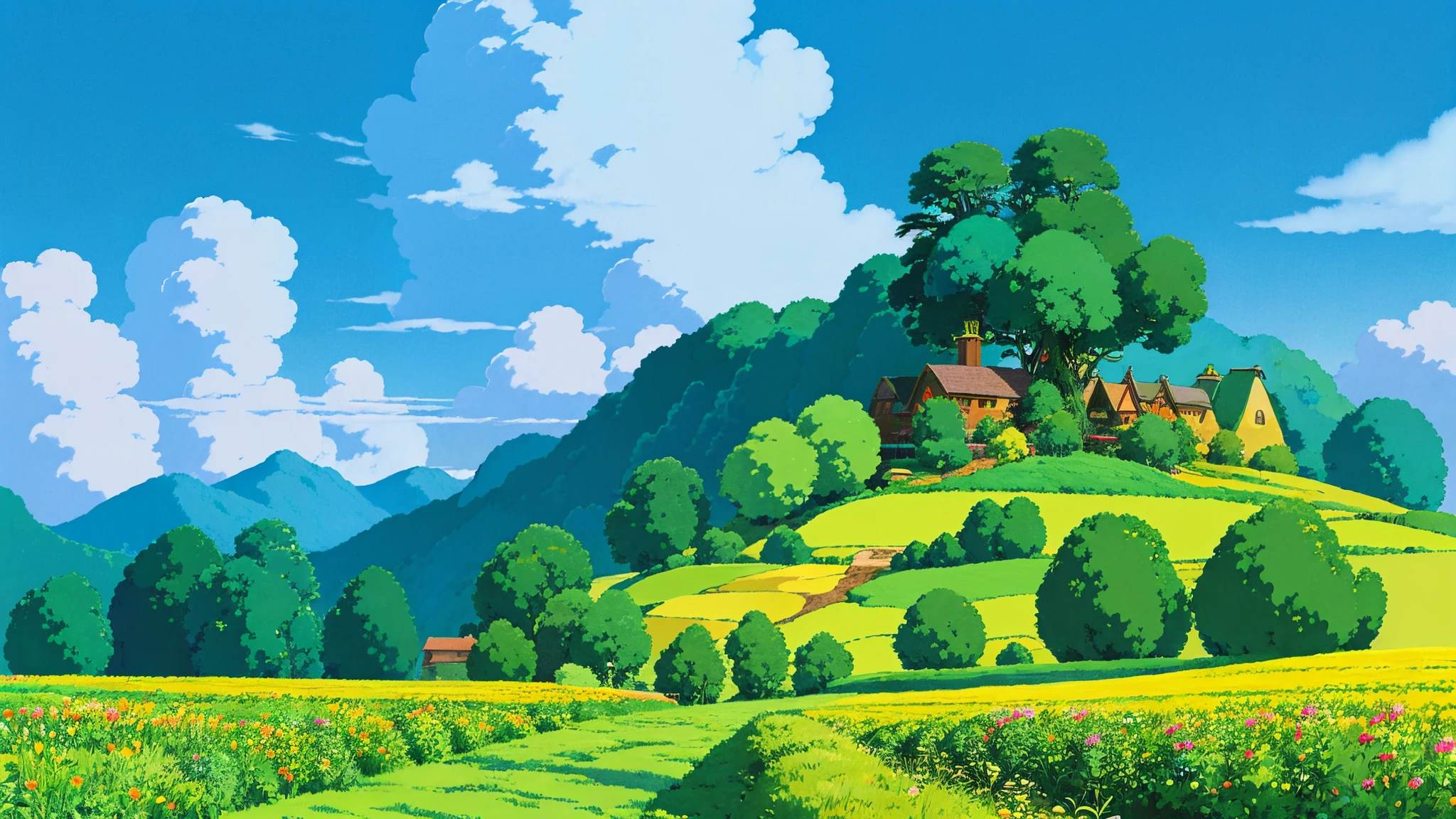 (((high quality))), highly_detailed, extremely_detailed_CG_unity_8k_wallpaper, illustration, highres, absurdres, High saturation, ghibli style, ghibli studio, ghibli artstyle, ghibli studio anime style, miyazaki's animated film, sky, sky background,