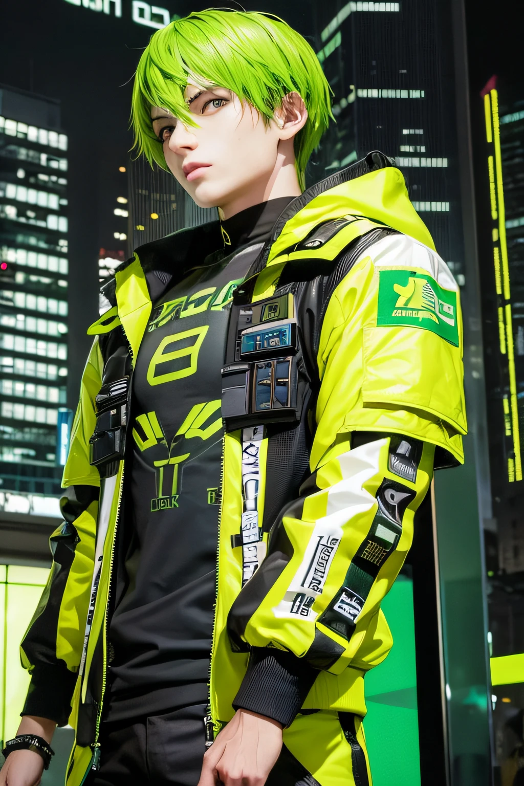 Estilo cyberpunk. homem com roupa verde cyberpunk. technological city background in green and yellow colors. corpo inteiro