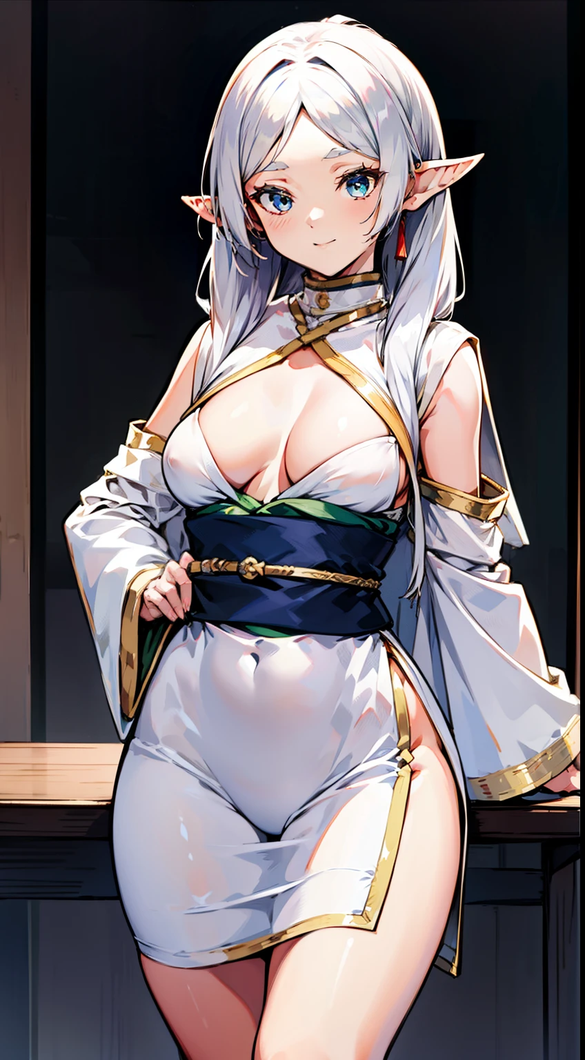 (Best quality, On a table),Sexy NSFW, 1 girl in, Green-eyed,Amazing cleavage, Cute big breasts, ssmile, Hourglass figure, grey long hair,dual horsetail, elvish ears、inside a room、small tit、Black background is of the best quality, tmasterpiece, 1 slim girl, (Alone:1.1), ray traycing, ultra - detailed,Detailed faces, 8k wallpaper, Wide hips, Freelon NDV, 1 slim girl, White hair, dual horsetail, Blue-eyed, mediuml breasts, Long gray hair, pointy ears, fairies, Parted bangs, White shawl, White dress, obi strip, longer sleeves, External, sitted, hooded, 围巾, Yuki, Winters