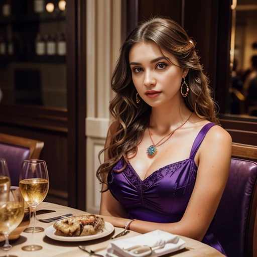 photography of a stunning girl, wearing a purple date dress, natural bust, wavy hair, sitting at fancy reastaurant table, symmetrical eyes, symmetrical face, photorealistic, photography, path tracing, specular lighting, volumetric face light, path traced hair, visible shadows, intricate, elaborate, hyper realistic, earrings, necklace, bracelets, cleavages