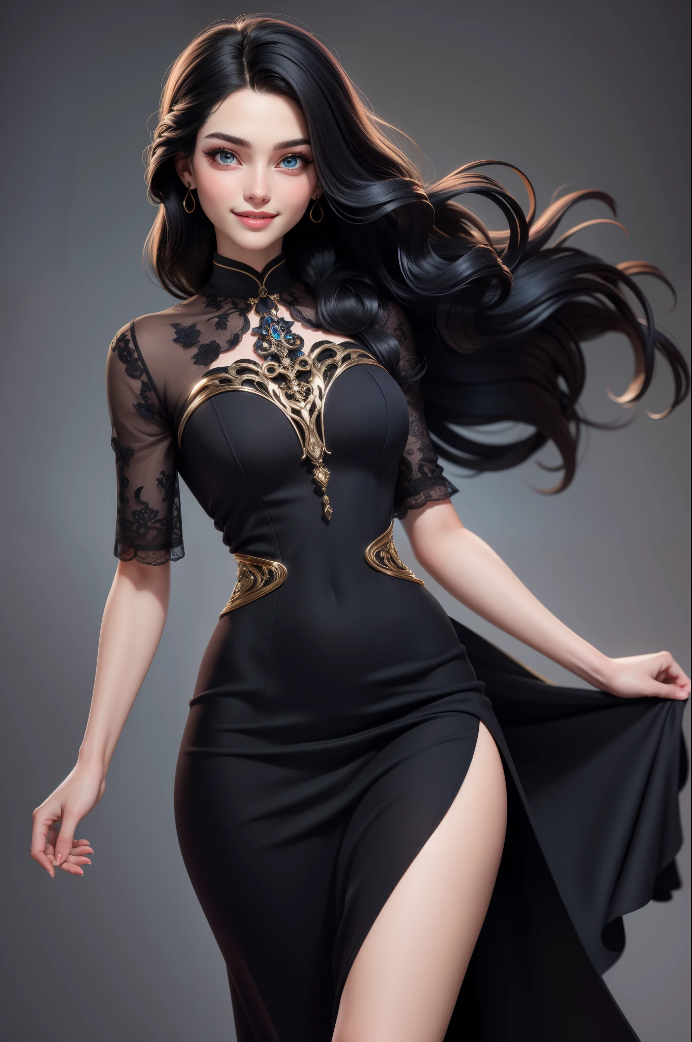 (((cowboy shot:1.5)))photo of a 30 years old Merger_alexandra_surreal ,(f),(legs apart),nsfw,(((ornate room guarded by golden dragons))), ,wide depth of field,( very long ((Jet black long Wispy, layered shag hair)):1.5) , (realistic:1.5), glossy lips, soft skin, elegant makeup,(evil grin), wearing <lora:rc_20240129110848:0.69> rc,china dress, breast exposed nipples