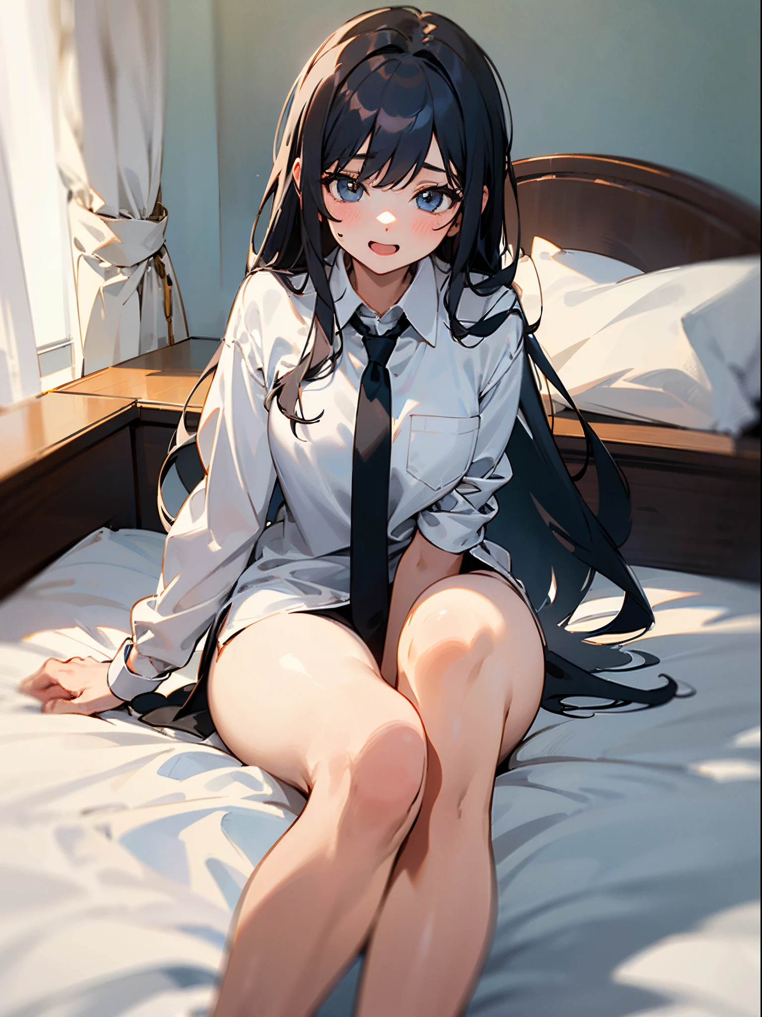 In the morning, a girl with a white shirt and black tie, who is excited to get up, is sitting on the bed with long hair and clothes covering her thighs. She is not wearing pants or shoes.