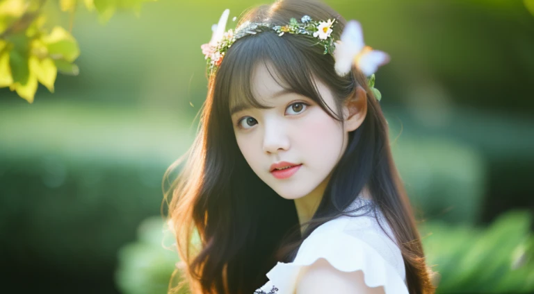 8K, Raw photo, Best Quality, masutepiece, high-definition RAW color photography, professional photograpy, (Realistic, Photorealistic:1.37), (High detailed skin:1.2), High resolution, Beautiful detailed eyes, (Hard Focus:1.4), (Sharp Focus:1.4), One girl wearing a flowing spring dress, flowercrown, In a flowering garden, at noon, Butterfly flapping its wings, essence of spring, Bokeh, Lens Flare, (Vignette:0.8), Dramatic Lighting, Cinematic lighting, Back Light, Professional Lighting, Physically-based rendering, ulzzang -6500-v1.1, pureerosface_v1