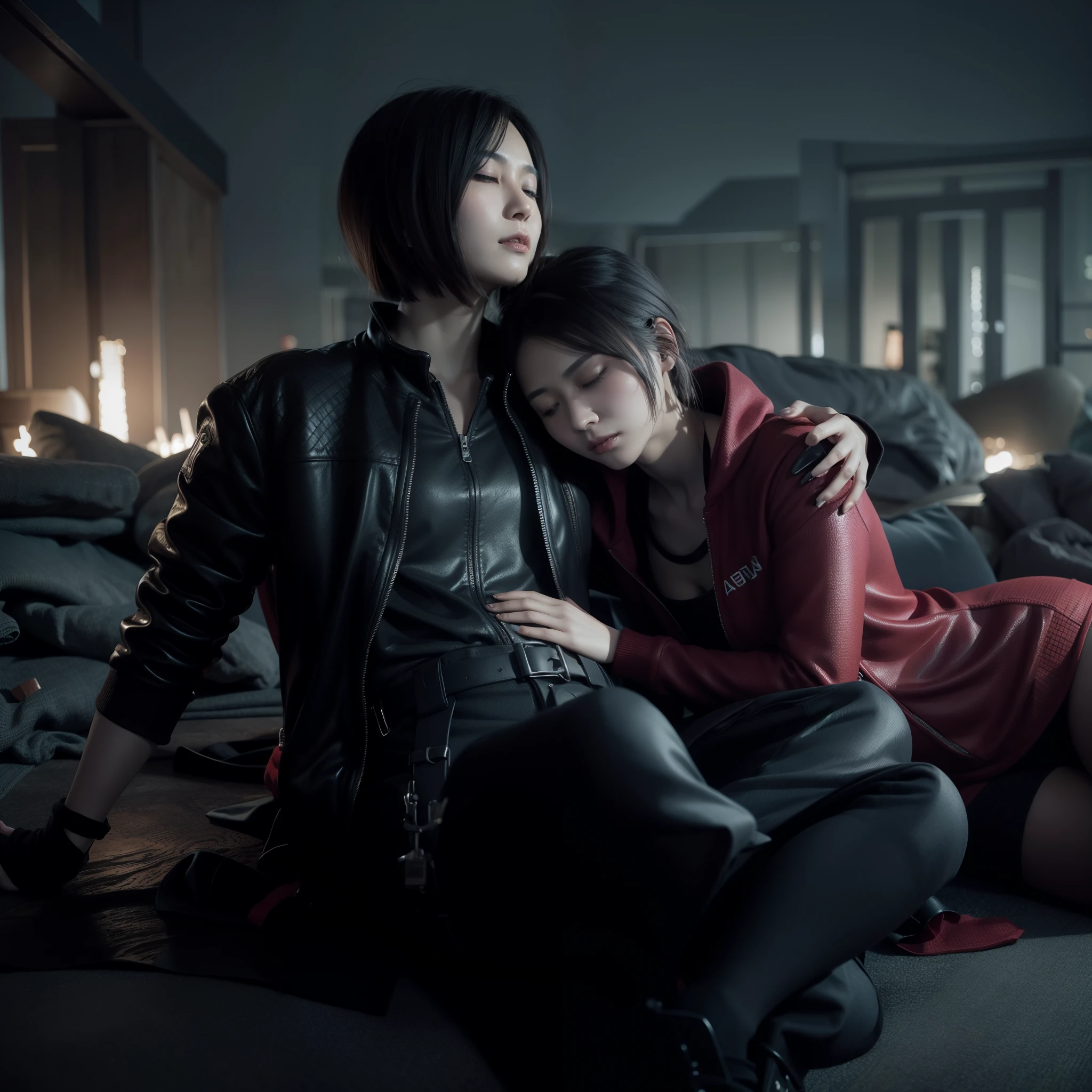 Ada wong ,Woman, wearing red hoody dress, bob hair, red polish, glazed expression, tired, Eyes closed