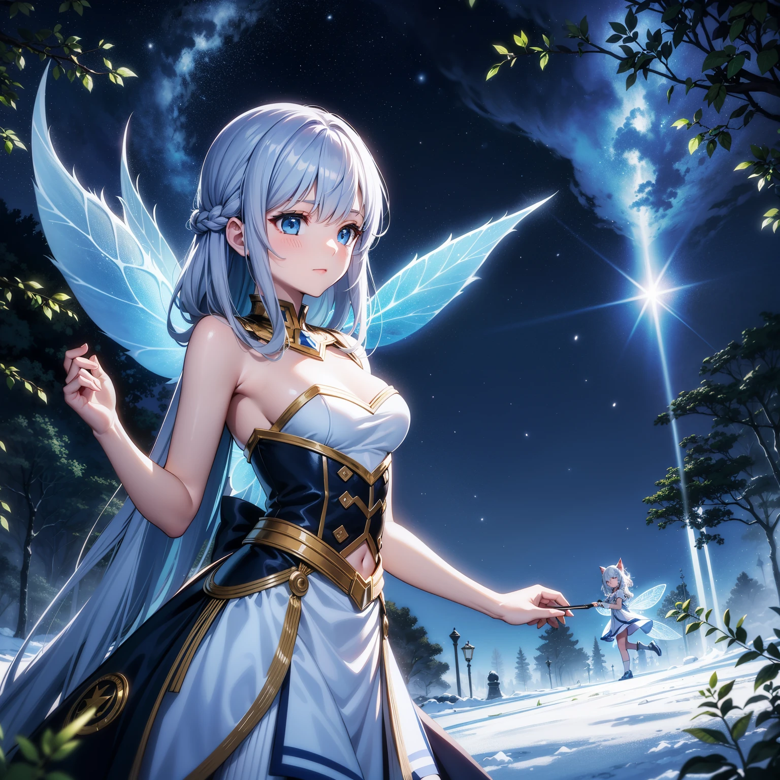 ((ultra-detailliert)), ((Best Illustration)), ((Movie Lighting)), Dynamic Angle, floating, Fine, (The Flash: 1.2), (shine: 1.2), (shine: 1.2), "(Best Quality), Super detailed depiction of a beautiful girl, Light blue long hair、Twin-tailed、 Fantastic background、Fantasia、Fairy World、In the colorful forest、Surrounded by snow-white owls and vivid vegetation、cinematic colors、Refreshing, Starry sky、Dazzling moonlight