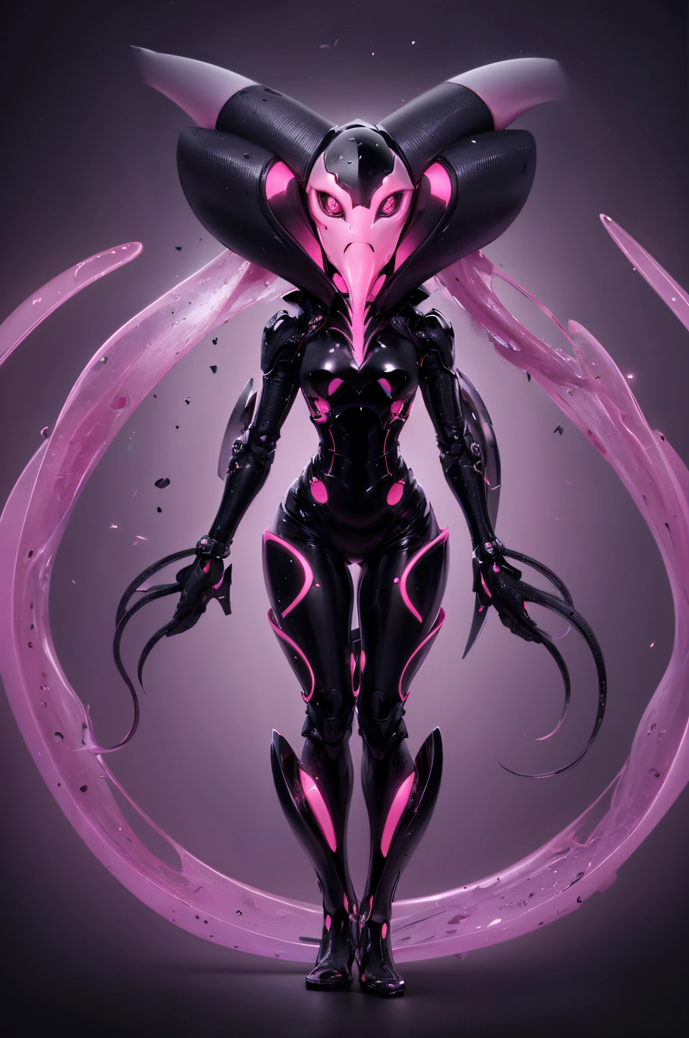 A humanoid squid. Black body with pink subcolor. Feminine. Shiny. Emits light. lips. Full body image.