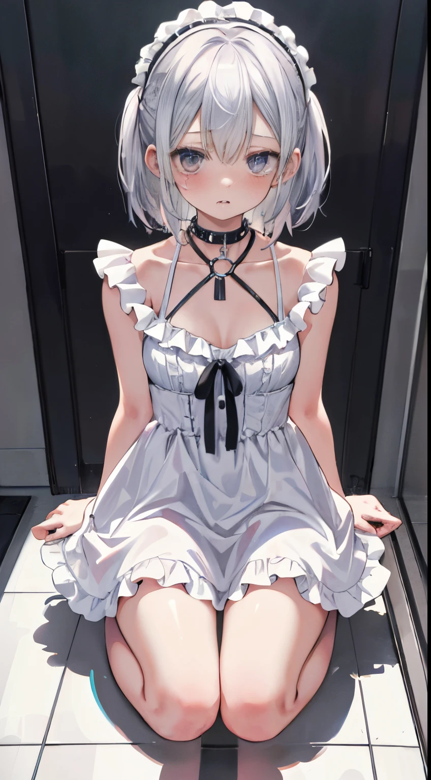 Cute white-haired ****，Dressed in ****ta and white silk，white bra，Long gray hair，Sit on the floor of a public toilet，spread your legs，Pink panties can be seen，There is a silvery white viscous liquid on the body，The white-haired ****ta is half-kneeling on the toilet floor，tie a big chain around her neck，masturbated，The ebb and flow，The girl has a viscous liquid on her face，Fallen girl，The girl was lying on the ground，look of anguish，weeping，Lying in the toilet，Many people have seen it，collars，slaves，girls used as slaves，hurt，Anguished Pose