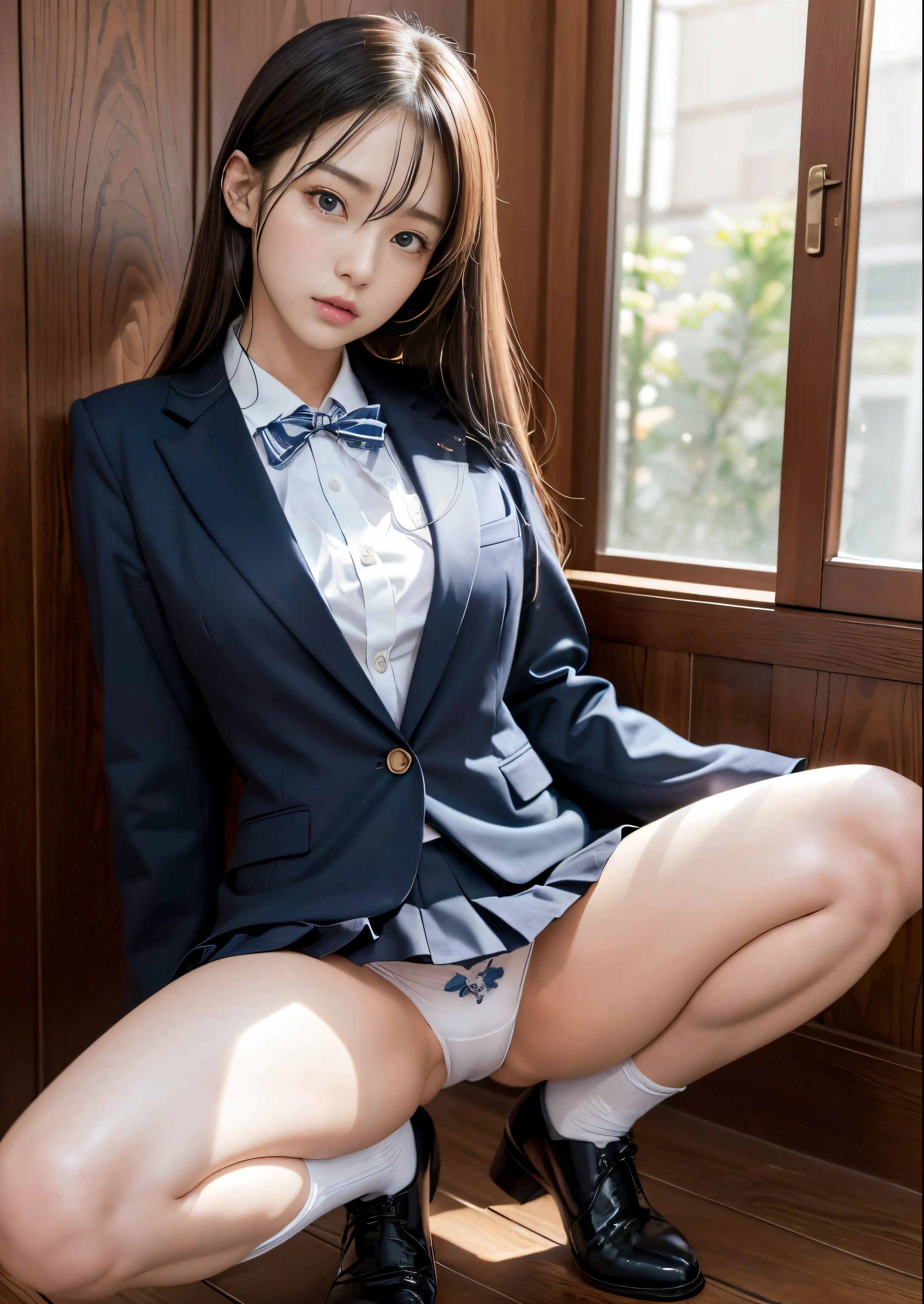 Dark blue high socks majicMIX real、(Original photography:1.2)、(真实感:1.4)、The beauty of beautiful details and exquisite facial expressions、one blonde、((Panties are visible))(Squatting panties photo)nipple piercing eyeslashes 美丽细致的眼睛、The file size is huge、ultra - detailed、A high resolution、otherworldly beauty top-quality、masterpiece、、(Japanese girls high school uniform))、very detailed expression a gorgeous、finely detailled、Highly detailed facial film lighting、-yeld gifrontage、((dynamicposes)))、(sit on legs,knee bend))、pleatedskirt、blazer jacket、Sexy upper eye、pantiess、Strong bite、white pantie、rice word、