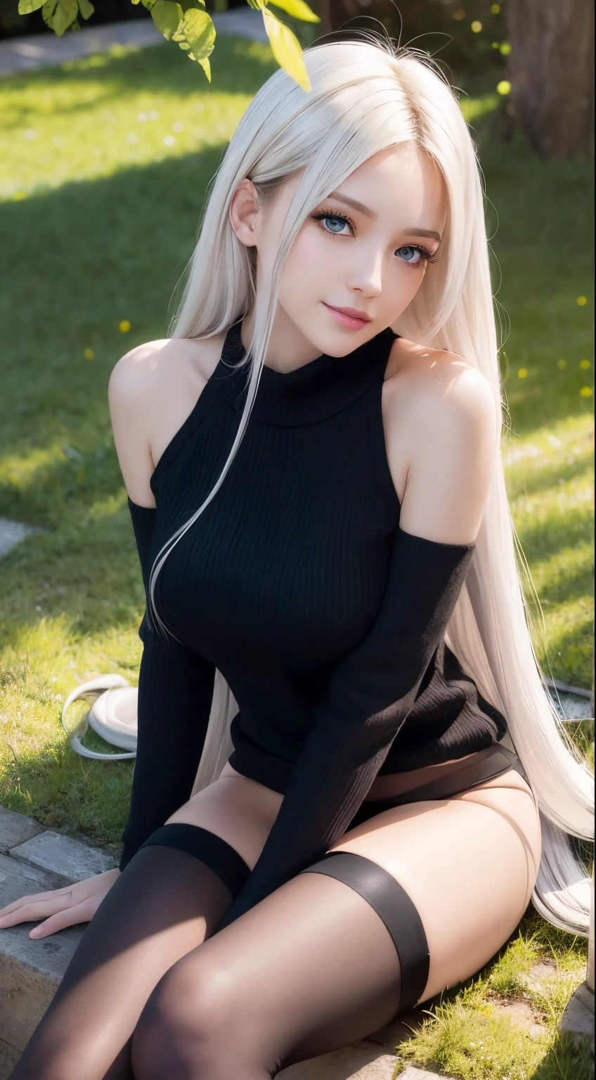 ray tracing, vibrant colors, girl, masterpiece, sharp focus, best quality, depth of field, cinematic lighting, detailed outfit, 4k, perfect eyes, rich in details and textures, white hair, very long hair, golden eyes, hair between eyes, colored inner hair, bright smile, knitted loose, loose clothes, nude, no top, topless, long sweater, black legwear, sitting on grass, under tree, sunlight, light rays, god rays, looking up, smiling, bare shoulders, leggings,