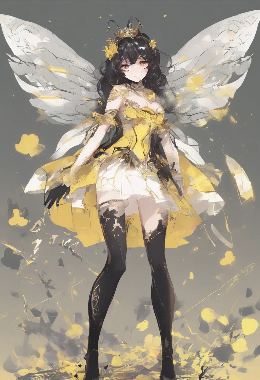 21yo,white-skinned woman, 黑The eye,Yellow pupil, 1,68 high, with short black hair,Hair ends are yellow, The scar under the nose is minimal, Your clothes are princess clothes, Expose your legs,It's like he's a little fairy,Have a haughty but persistent expression