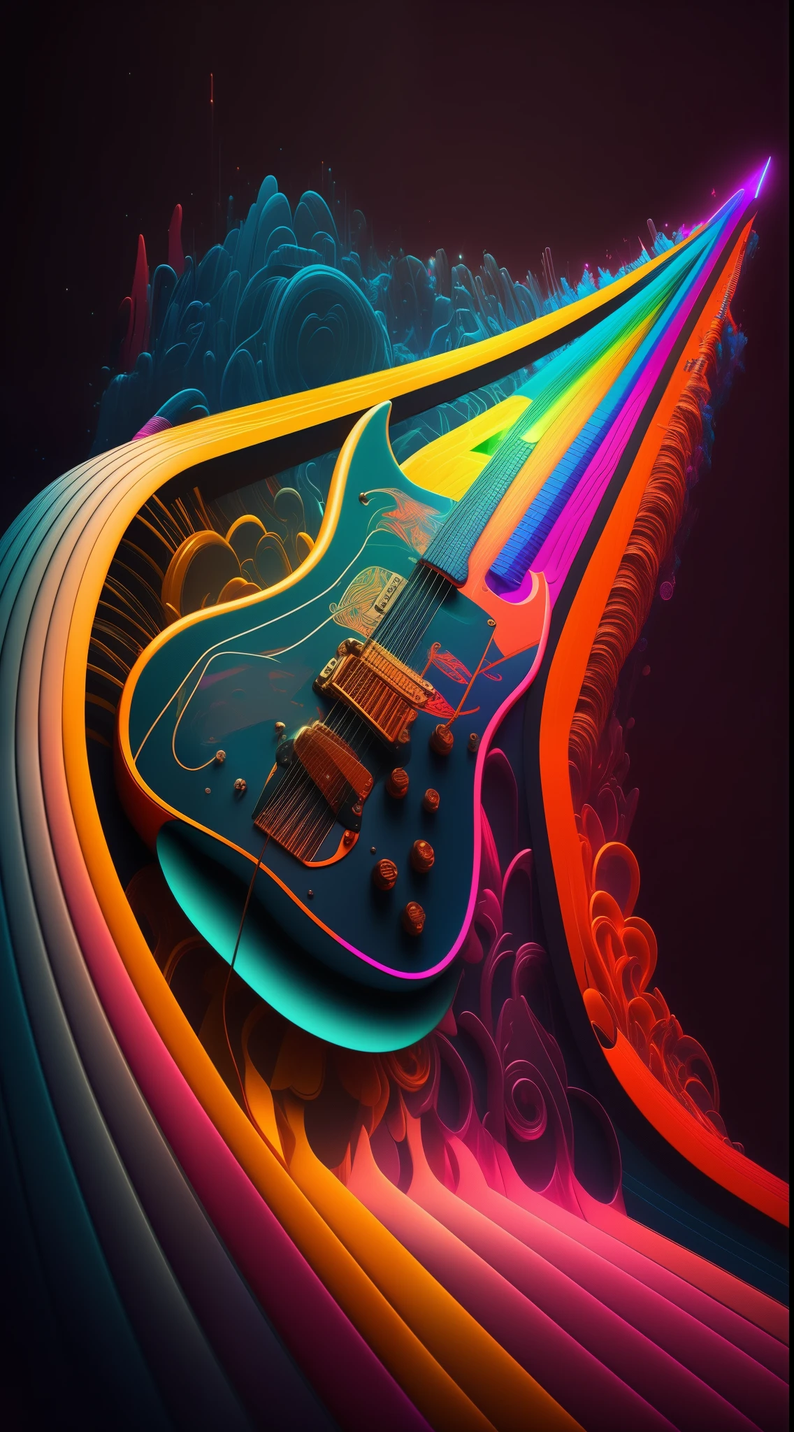 a brightly colored guitar,Rainbow tail on black background, Futuristic electric guitar, guitar concept art, 8 0 Style Thomas Allen Koppella, fractal thunder dan mumford, neon synthwave, Just a joke, elaborate digital art, 3d digital art 4k, 4k highly detailed digital art, Arte digital colorida, vibrant digital painting, stunning digital illustration
