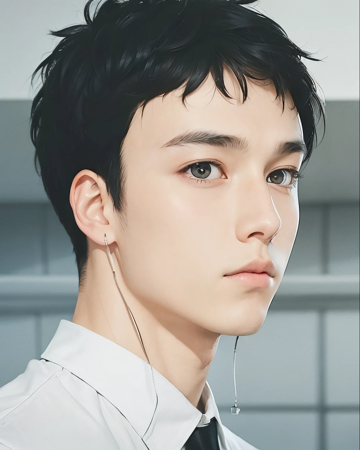 A boy with short, realistic black hair, the same realistic hairstyle, realistic handsome face, realistic cool expression, adapt the same realistic clothes,realistic light, realistic shadows, realistic background, good image quality, very good image results, 4k, ultra detail, realistic,Realistic straight hair