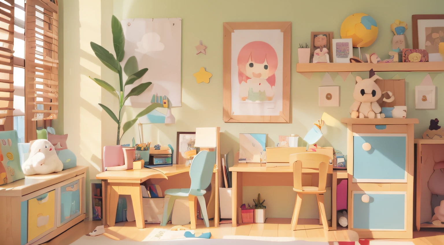 Model house、No one、stable composition、Eye view、s room、Small desk、Small cabinets、plushies、natural color