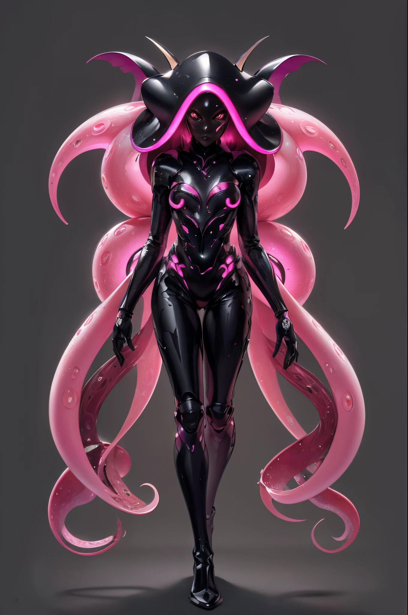 A humanoid squid. Black body with pink subcolor. Feminine. Shiny. Emits light. lips. Full body image.