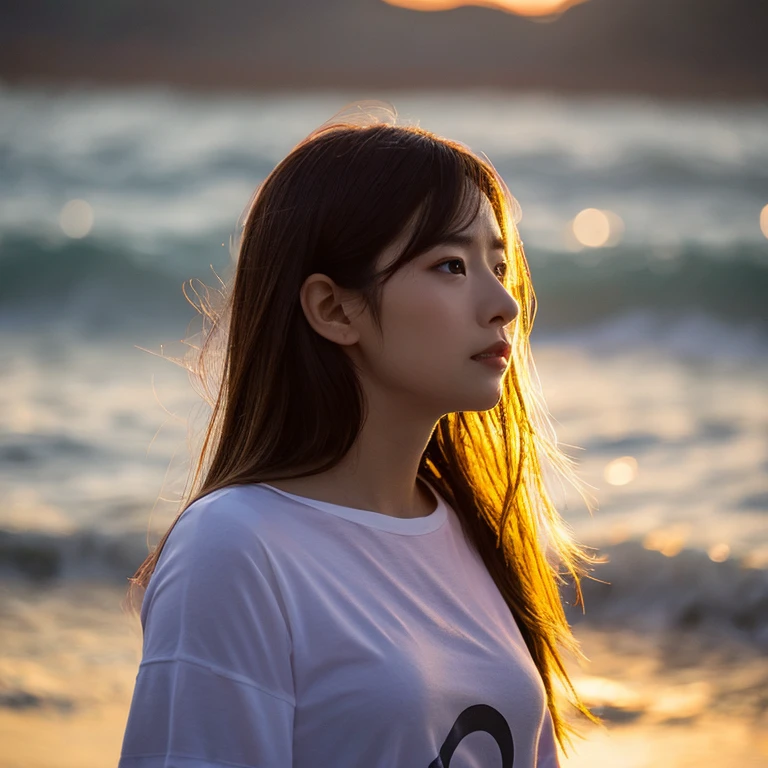 Profile looking at the sea、deadpan、sea side、（（vague））（Off-beach、）(a very delicate and beautiful)、（（Sit down））（（The background feels dark））、a very delicate and beautiful)、（Golden hair）（Pulling angle）(tshirts)、dynamic ungle、portlate)、(smooth hair)、（Big eyes）beautiful expression、de pele branca、depth of fields、radiant lips、irate、（mournful）Sunset background、