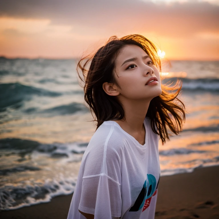 Profile looking at the sea、deadpan、sea side、((vague))(Off-beach、)(a very delicate and beautiful)、((Sit down))((The background feels dark))、a very delicate and beautiful)、(Golden hair)(Pulling angle)(tshirts)、dynamic ungle、portlate)、(smooth hair)、(Big eyes)beautiful expression、de pele branca、depth of fields、radiant lips、irate、(mournful)Sunset background、