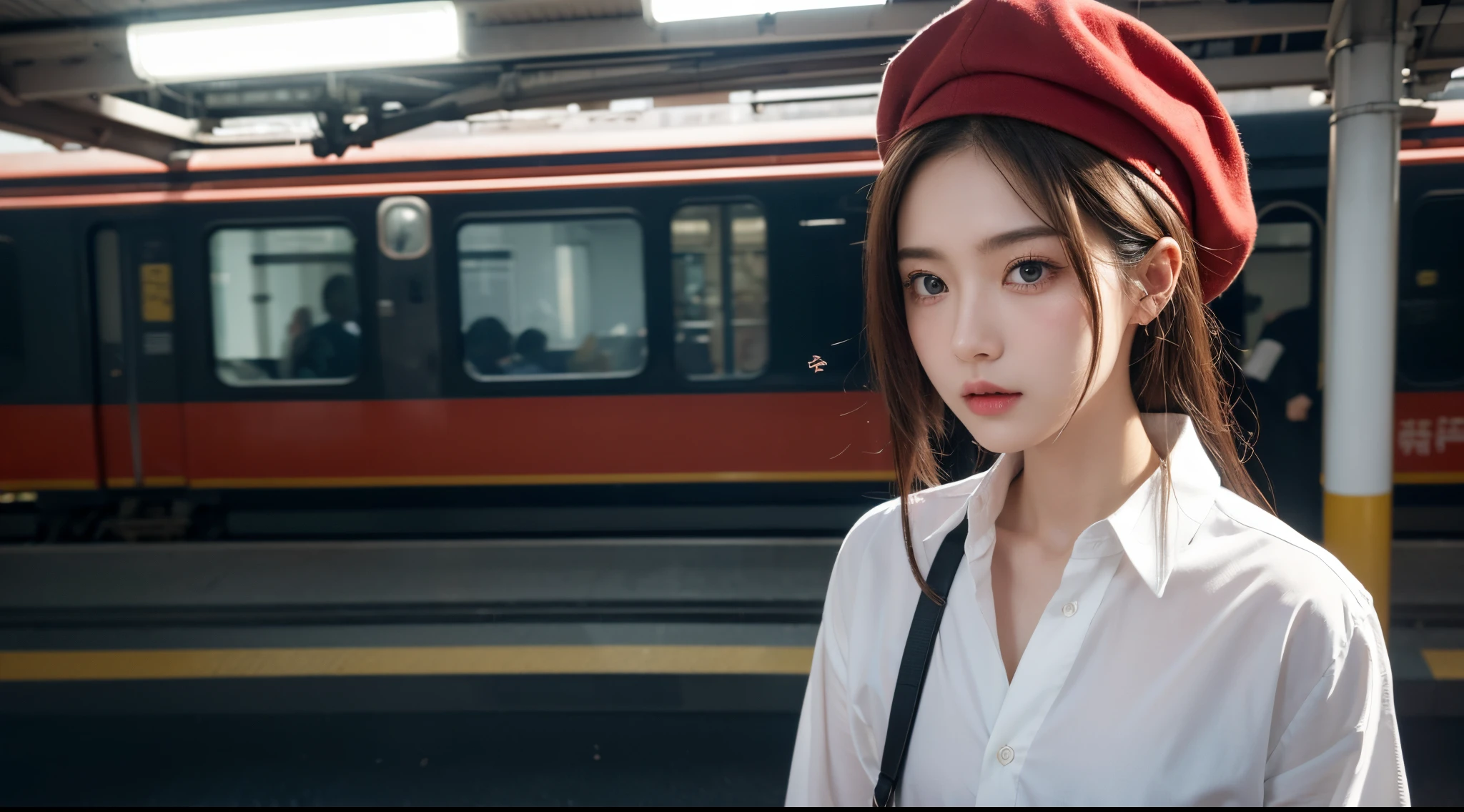 (Best quality at best),(tmasterpiece), (Extremely detailed 8K wallpaper),ultra - detailed,电影灯光, detailedlight, The best shadow, Moving angle, From Under, Train station, trains, signal lights, 1boys, Leonard Deng, redheadwear, Water-colored eyes, 耳Nipple Ring, single horn, There are streaks on the face, shine, white  shirt,, 详细的脸, Detailed reflective eyes, pretty eyes, The face is extremely detailed,reflective hair,