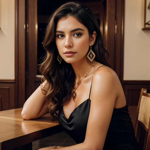 photography of a stunning girl, wearing a black date dress, natural bust, wavy hair, sitting at fancy reastaurant table, symmetrical eyes, symmetrical face, photorealistic, photography, path tracing, specular lighting, volumetric face light, path traced hair, visible shadows, intricate, elaborate, hyper realistic, diamond earrings, necklace, bracelets, square neckline, thin straps