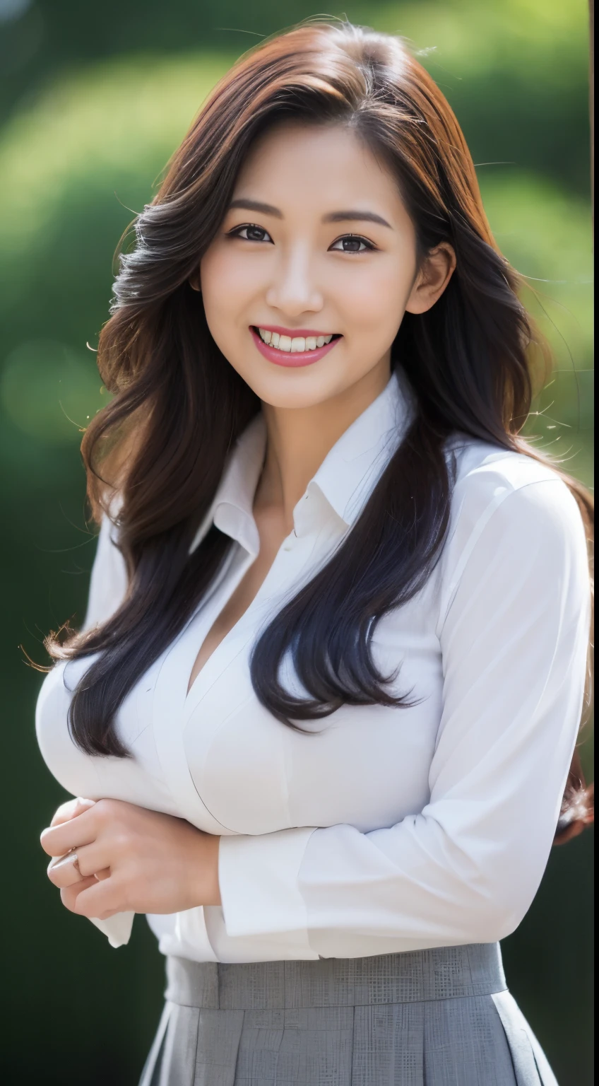 (((One girl,alone))),(Highly realistic photos, High resolution, Detailed face, Beautiful Eyes) Japanese women, 21 years old, Cute face, alone:1, Nice body, Plump figure, Medium chest, ,Hairstyle, Very closely tied, Take a photo book,Dark Sky、darkness、Blade Runner,shirt、Healthy Body,smile