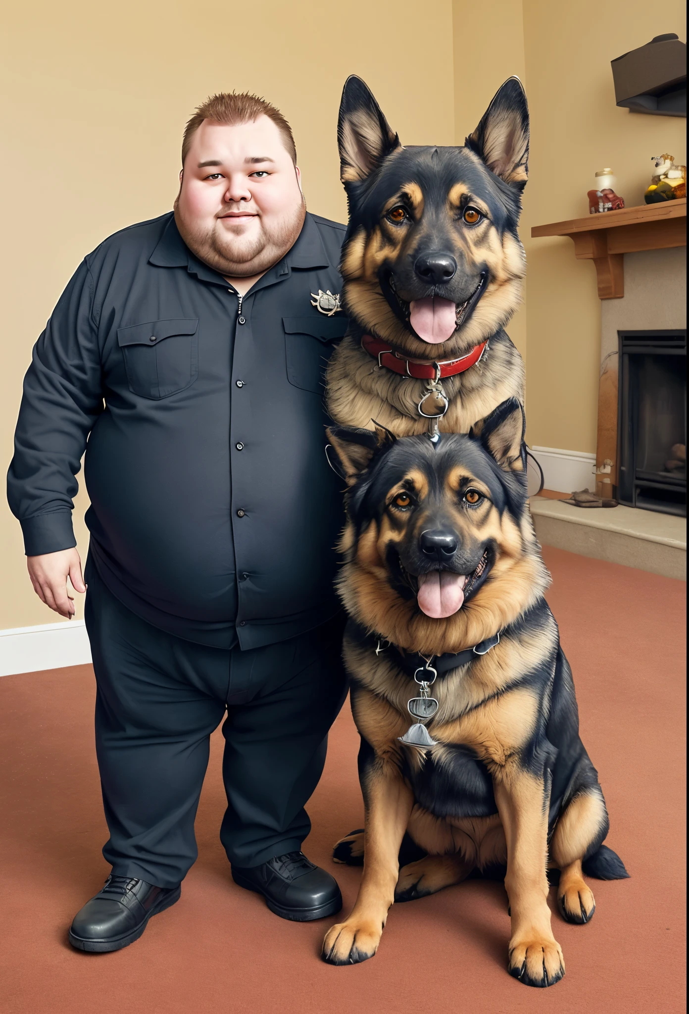 German shepherd with fat guy