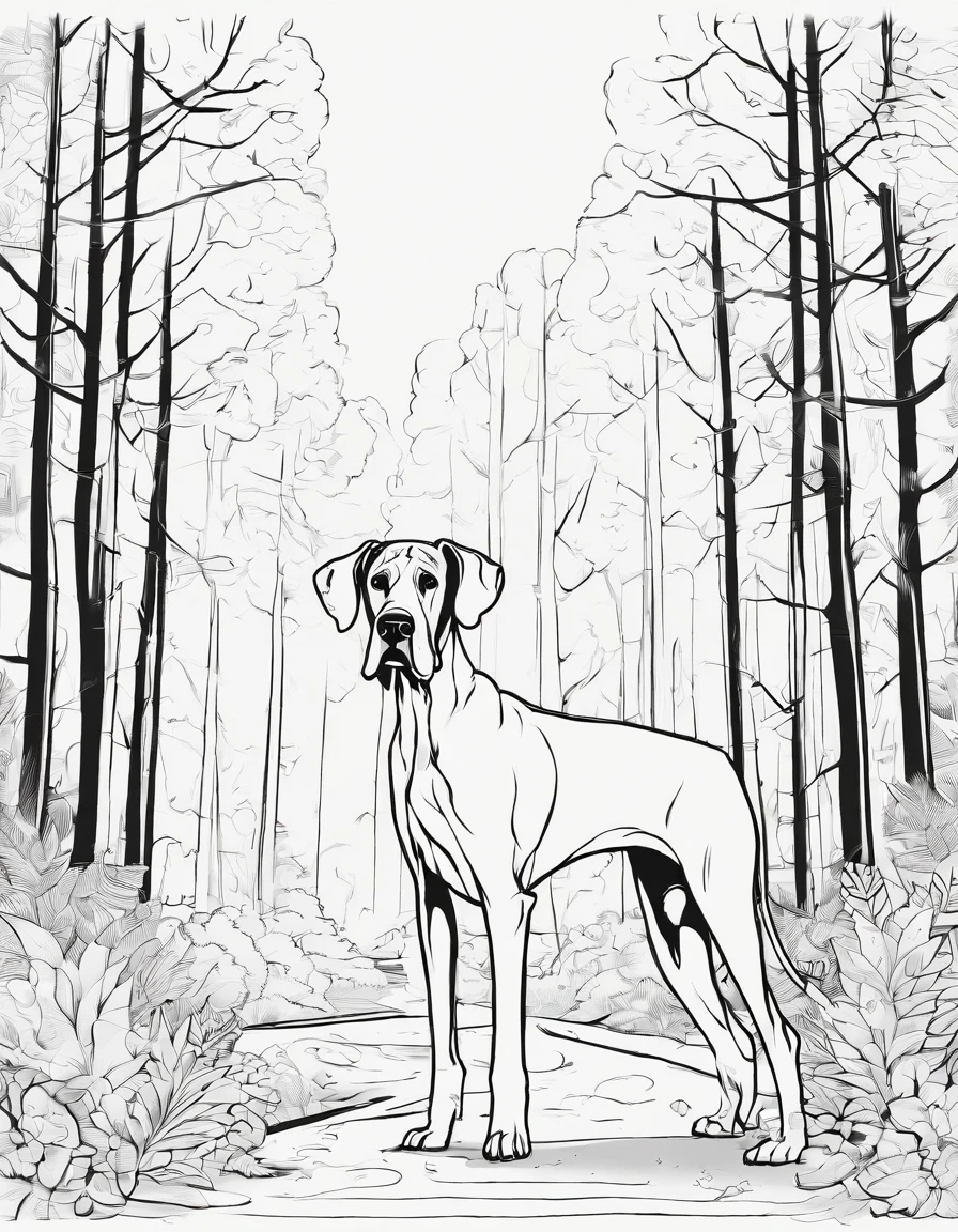 Great Dane in a street in a forest, for coloring page, high quality, line art, black and white, no shading