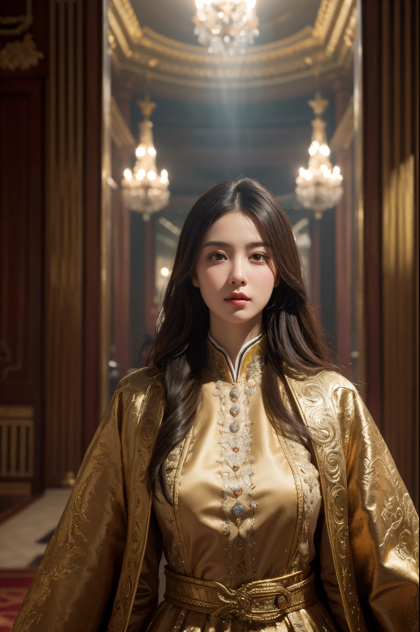 young intricate woman in royal palace, art by Ivan Aivazovsky, wide angle lens f/2.8, ultra insane high resolution intricate textures, texture indentation, perfect perspective, perfect geometry, ultra insane ambient lighting, ultra insane ambient shadows, luminism, ultra detailed busy background, tessellation, maximalism, perfectionism, IPA Award wining masterpiece,