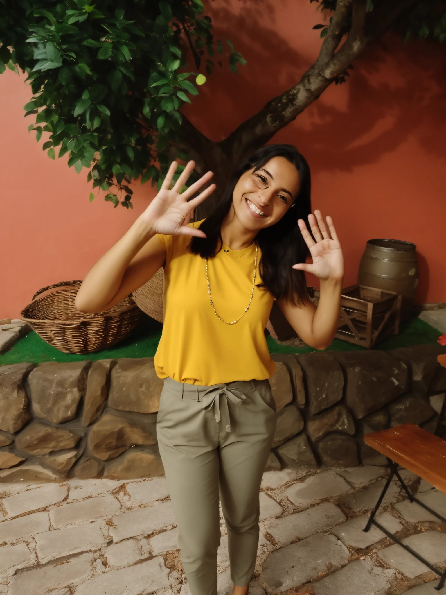smiling woman in a yellow shirt and khaki pants in front of a tree, Directed by: Nandor Soldier, ela expressando alegria, waving at the camera, standing in a restaurant, muito animado, uma imagem, belos arredores, acenando e sorrindo, Noite!, she is smiling and excited, Imagem, hands behind her pose!, Foto realista, cerca de 20 yo