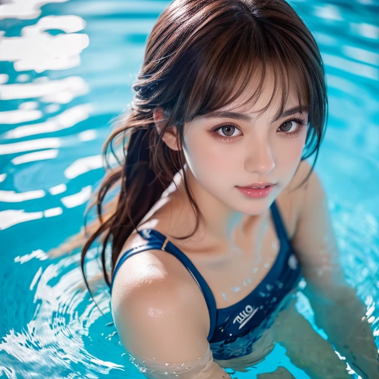 Highly detailed CG Unity 8K wallpapers、top-quality、ultra-detailliert、​masterpiece、realisitic、Photorealsitic、extremely detailed cute girl、(25-years old)、red blush、roundly eyes、(large full breasts)、((Fulll body Shot))、((swimming race suit))、(On board), Short hair