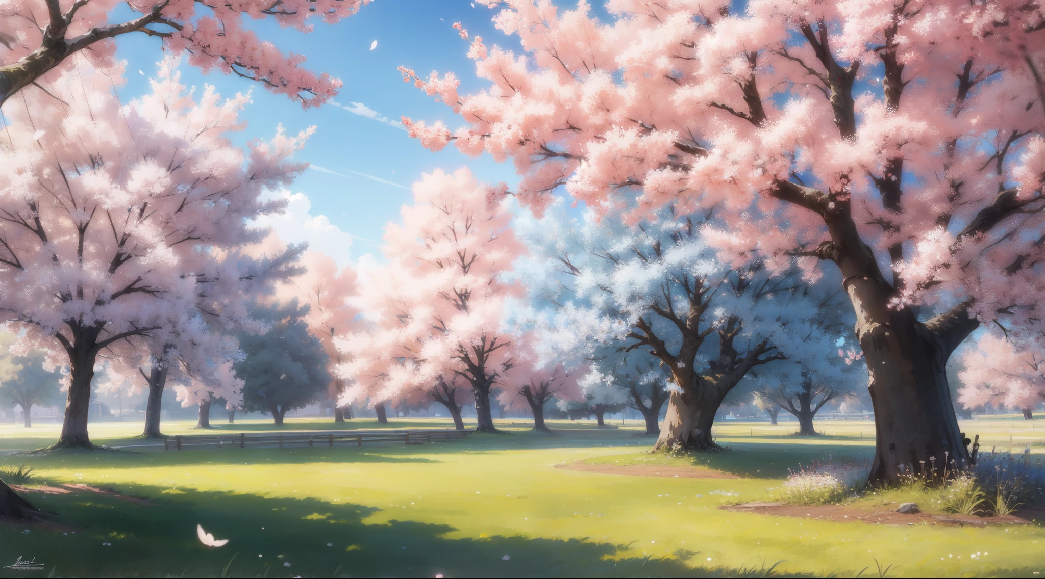 grassy fields,the cherry trees,In the daytime,High quality illustrations