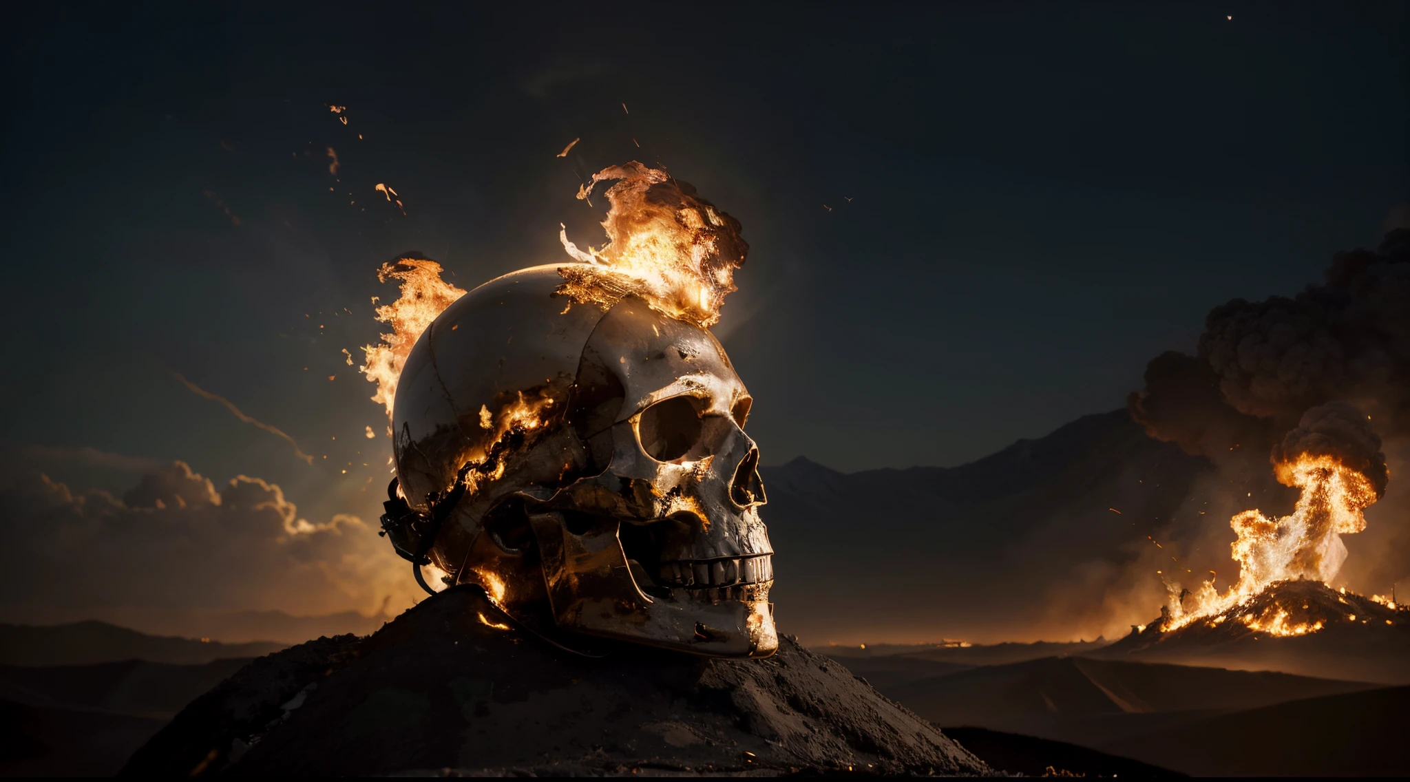 Masterpiece, (High Resolution and Quality: 1.5), Closed photo, Skull on fire with astronaut helmet, view of planet Earth in the background, sun rays, (Flames), Realistic Lighting