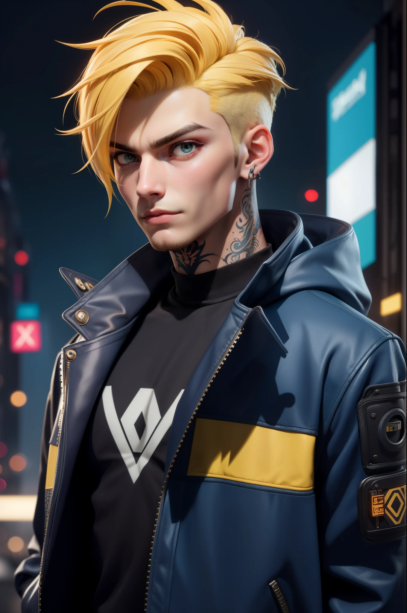 masterpiece, best quality, muscular young man with very short yellow hair, finger point to camera, earing, tattoo,23 years old, cyberpunk style, streeat wear, clothes with jacket, cyberpunk colors, porcelain skin, sharp eyes, unfriendly expression, tstreetwear fashion, dreamy atmosphere, soft lighting, intricate details, cyberpunk city as a background