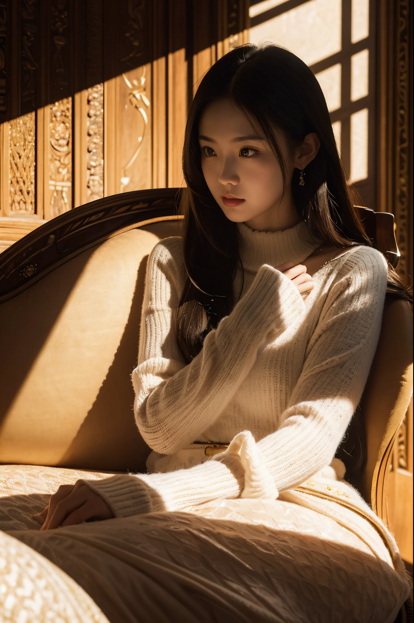 Young sophisticated woman in royal palace, wide angle lensf/2.8, ultra insane high resolution intricate textures, texture indentation, perfectly point of view, perfect geometry, ultra insane ambient lighting, ultra insane ambient shadows, Luminism, Super detailed busy background, inlay, Maximalism, perfectionism, IPA award-winning masterpiece,