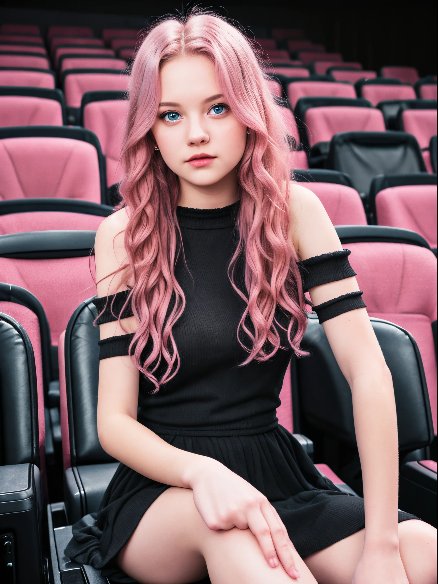 A beautiful girl,solo,medium pink wavy hair,pink eyes,wearing 2 layer sleeveless shirt, off shoulder swearter dress,black thighhigh socks,no shoes,sitting in movie theater