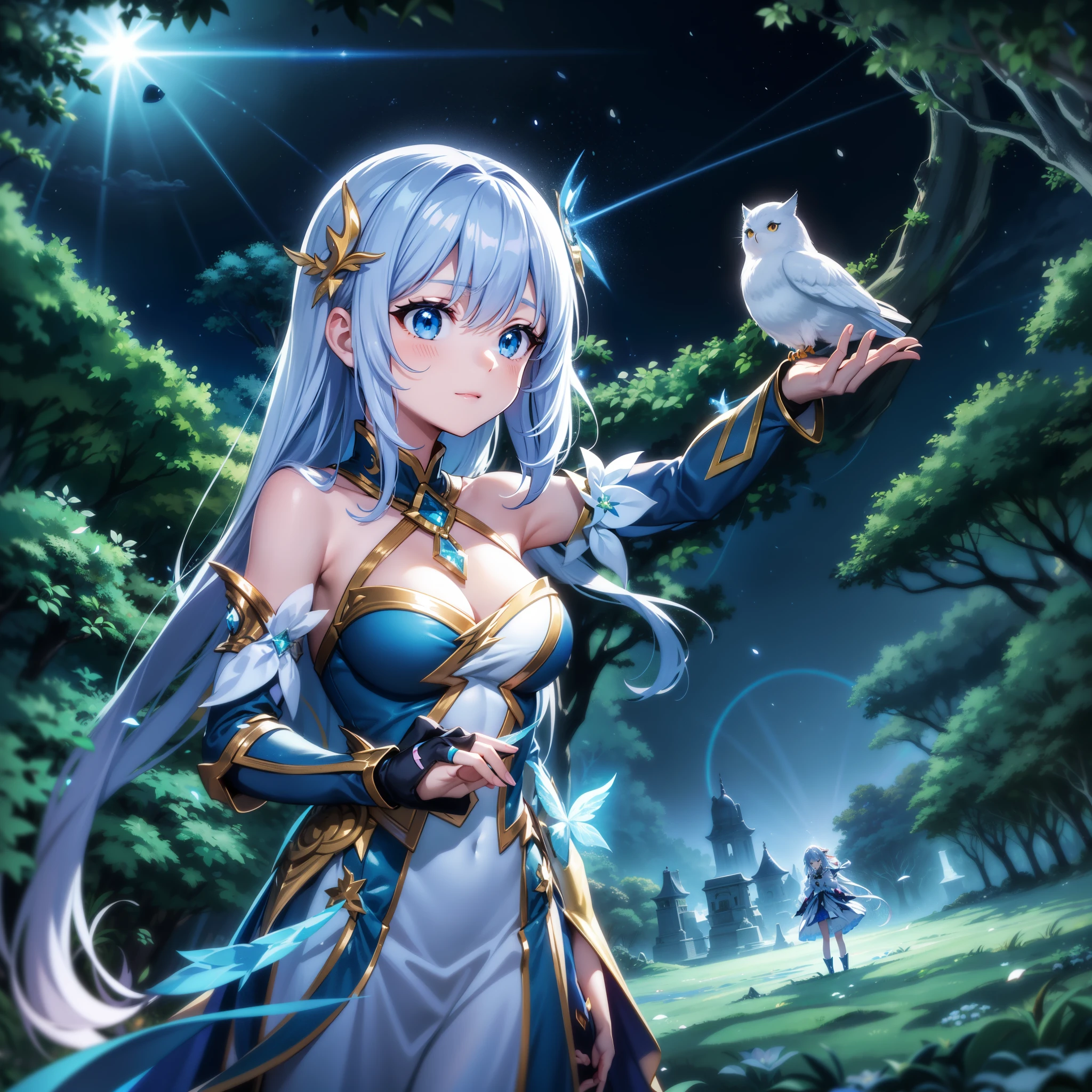 ((ultra-detailliert)), ((Best Illustration)), ((Movie Lighting)), Dynamic Angle, floating, Fine, (The Flash: 1.2), (shine: 1.2), (shine: 1.2), "(Best Quality), Super detailed depiction of a beautiful girl, Light blue long hair、Twin-tailed、 Fantastic background、Fantasia、Fairy World、In the colorful forest、Surrounded by snow-white owls and vivid vegetation、cinematic colors、Refreshing, Starry sky、Dazzling moonlight