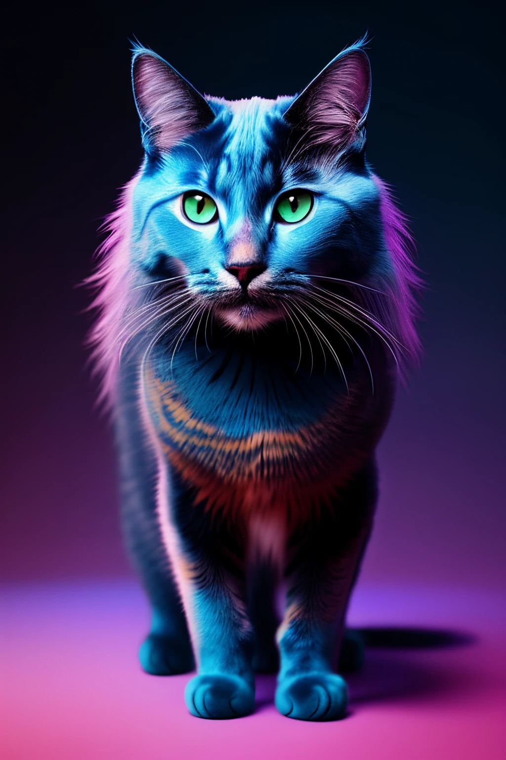 painting of a cat with a purple mane and a blue mane, realistic cat, glossy digital photoshot, made entirely from gradients, neon hooves, gorgeous digital photografy, pearlescent fur, holographic, stunning digital painting, background artwork, beautiful digital painting, beautiful cat, iridescent. fantasy, illustration iridescent, holographic creature