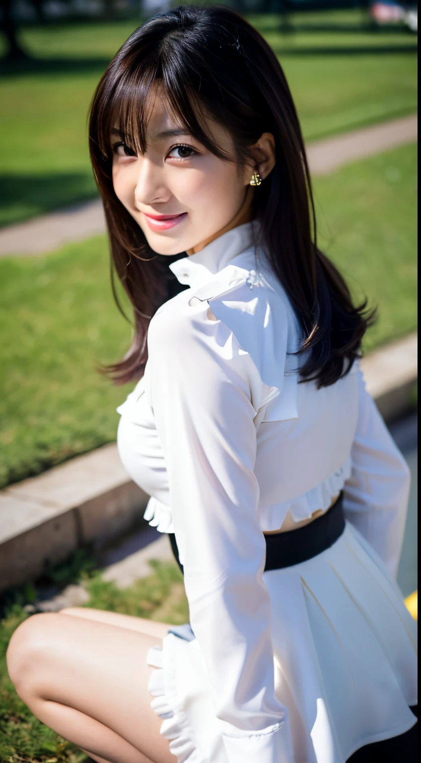 Best-quality, Masterpiece, Ultra-High-Resolution, (Photorealistic:1.4), Raw-Photo, Extremely-Details, Perfect-Anatomy, 

1girl, the most famous Japanese model, cowboy-shot, upturned buttocks, looking down at viewer, beautiful smile, 

wearing only trench short coat and white blouse with frills and pleated miniskirt and knee high boots, 

detailed extremely beautiful face like a most popular Japanese model, detailed extremely beautiful big black solid circle eyes, detailed extremely beautiful hair, detailed extremely beautiful realistic skins, detailed excitement beautiful breasts, detailed excitement beautiful body, detailed excitement beautiful thighs, detailed excitement beautiful legs, detailed trench short coat, detailed white blouse with frills, detailed pleated miniskirt, detailed knee-high-boots