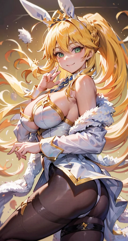 bunnyArtoria hairstyle, outfit-bunnyArtoria, 1girl, solo, blonde hair, green eyes, ass, looking at viewer, breasts, long hair, ponytail, poker chip, braid, hair between eyes, table, bangs, sidelocks, large breasts, french braid, bare shoulders, ahoge, smile, tiara, looking back