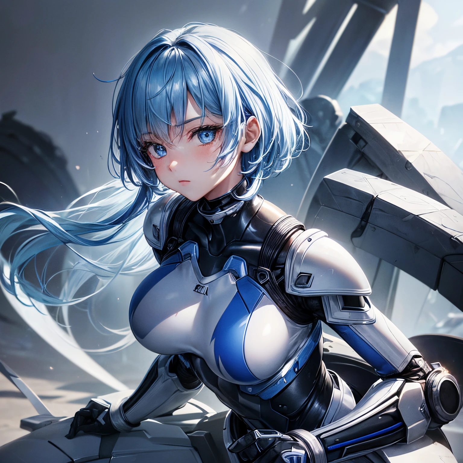 (tmasterpiece, Best quality at best, Highest high resolution, distinct_graphic, detailed detail): (Alone, lone girl, japonese face, Girl with blue hair, short cut, Whole body diagram, small size breasts, Shining blue eyes, Metallic White and Blue Aviator Suit, tight fit clothes, clothes covering the whole body, Big breasts are beautiful, Slim, exoskeleton, A sexy pose, heroines, Full helmet, kneehigh boots)