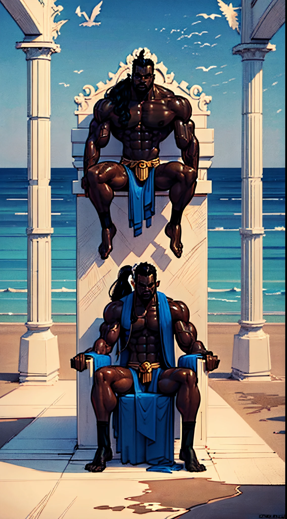 (View from front:1.4), a painting of a muscular man and a large body of water, colored skin, (black skin:1.2), black colored skin, The God Poseidon, ((sitting)), 2 legs open, golden crown, sandy beach, sitting on the docks, The God of the Sea, The God Hades, Poseidon, Charon, The Boatman of Hades, God of the Ocean, white hair, God of the Underworld, Hades, black loincloth, God Shiva the Destroyer, Furious God Zeus, Like an Atlantean, veiny biceps, chiseled abs, muscular legs, rugged face, long hair in ponytail, masterpiece, 8k, highly detailed,