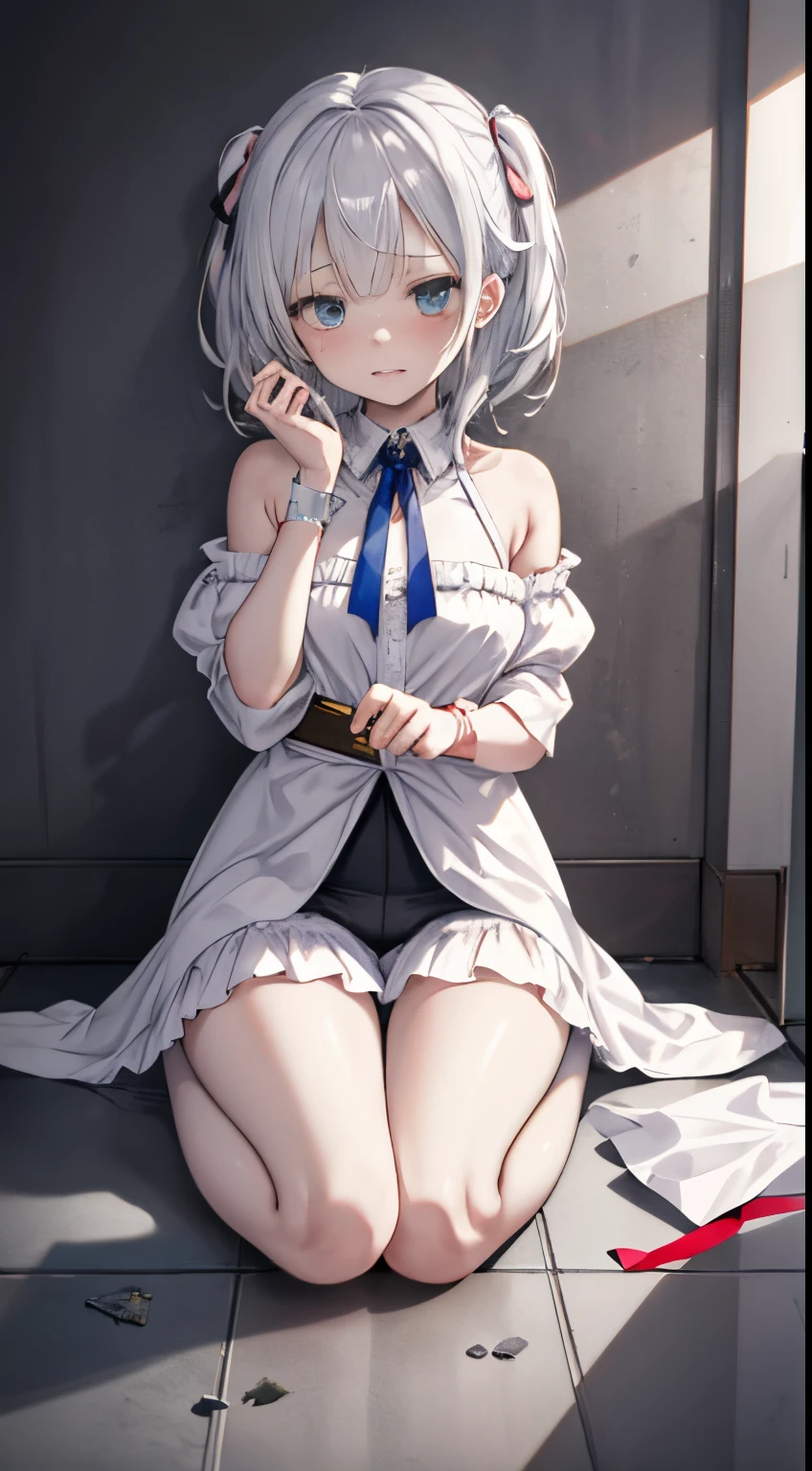 Cute white-haired loli，Dressed in lolita and white silk，white bra，Long gray hair，Sit on the floor of a public toilet，spread your legs，Pink panties can be seen，There is a silvery-white viscous liquid on the body，The white-haired lolita is half-kneeling on the toilet floor，tie a big chain around her neck，masturbation，The ebb and flow，The girl has a viscous liquid on her face，Fallen girl，The girl was lying on the ground，look of anguish，weeping，Lying in the toilet，Many people have seen it，collars，slaves，girls used as slaves，hurt，Anguished Pose，The hands and feet are bound by chains，Tie up