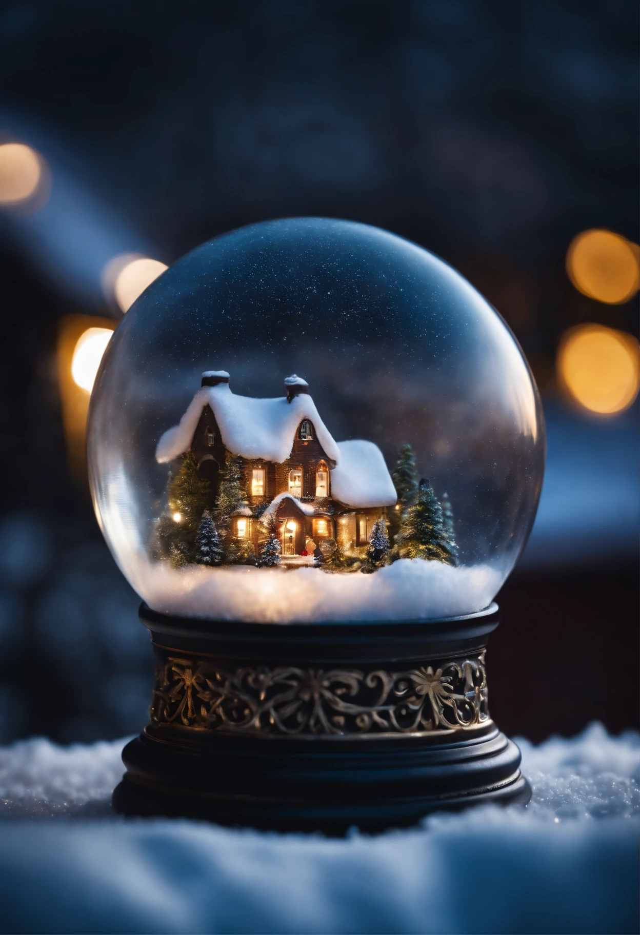 A frozen bubble snow globe resting on the snow showing a beautiful  cozy little village at night, macro shot, intricate detsil, focus on intricate snow globe