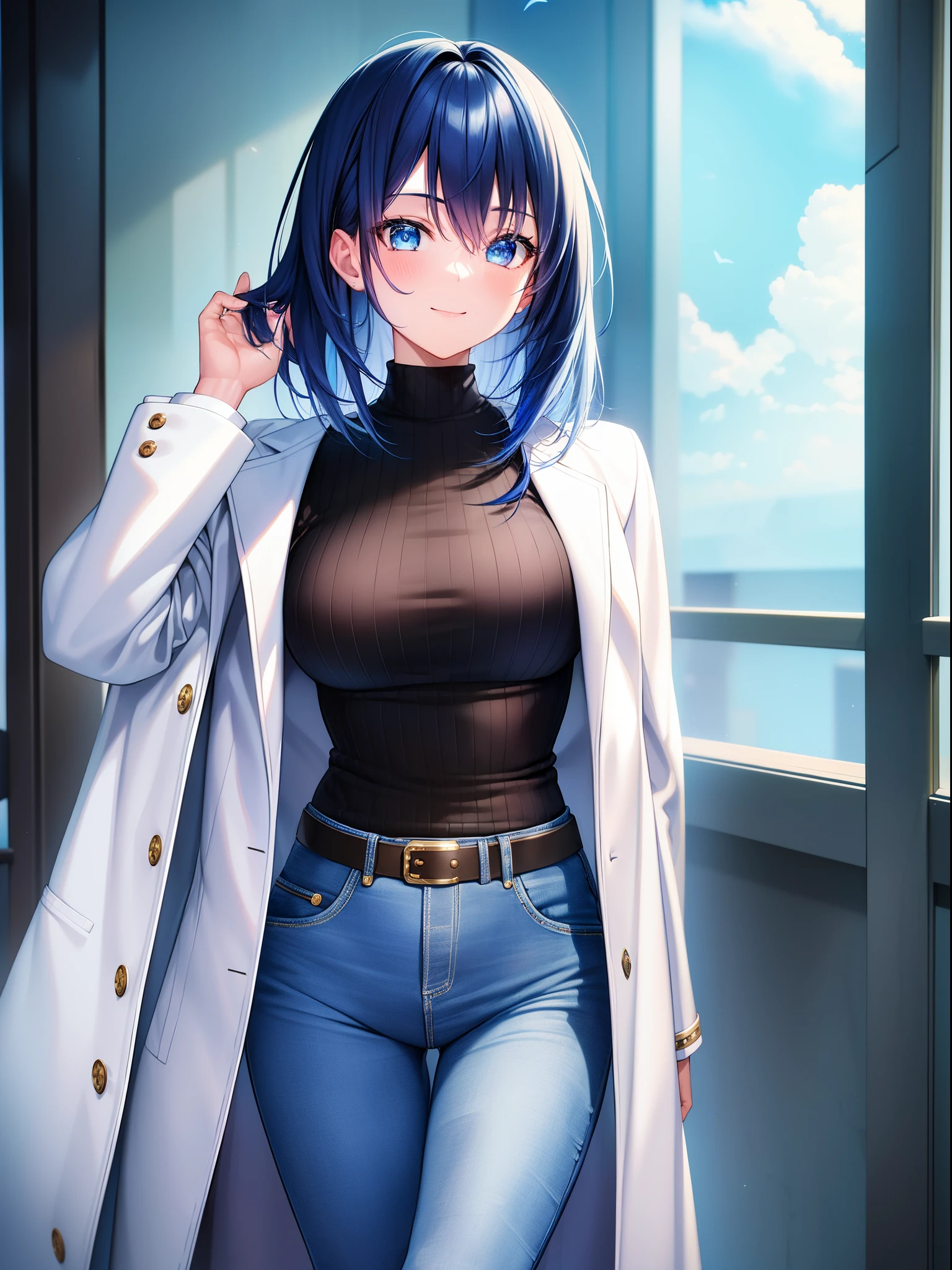 (RAW Photos, Top Quality, Masterpiece), (Real, Photoreal), 1 Girl, Solo, Akane, Blue Hair, Black High Neck Long Sleeves, Coat, Jeans, 3D, Realistic, Live Action, CG, Glowing Hair, Fluttering Hair, Lustrous Skin, Smile