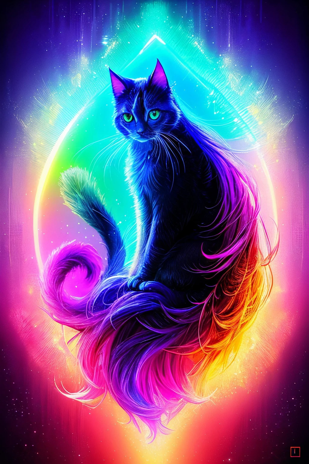 painting of a cat with a purple mane and a blue mane, realistic cat, glossy digital photoshot, made entirely from gradients, neon hooves, gorgeous digital photografy, pearlescent fur, holographic, stunning digital painting, background artwork, beautiful digital painting, beautiful cat, iridescent. fantasy, illustration iridescent, holographic creature