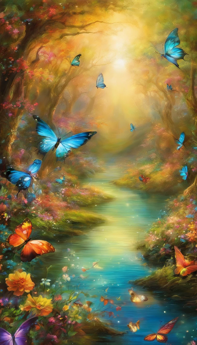 Beautiful energy art that gives power to those who see it。Landscape Images。butterflies dancing on the riverside。Fantastical。Dreamy。Fantasia。