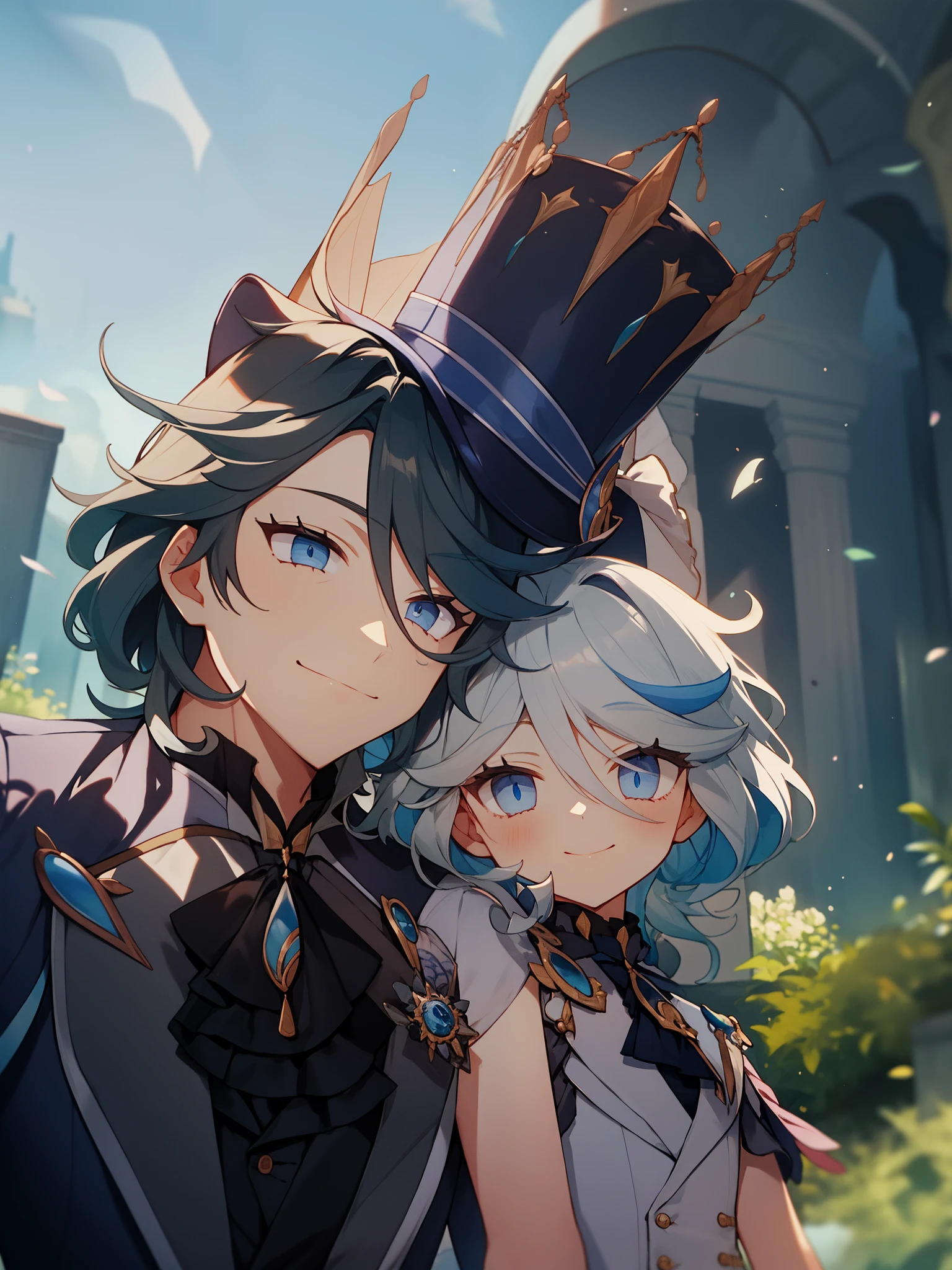 there is a man and a boy that are standing together,HD, (The finest details), (Best quality at best), (tmasterpiece, Best quality, A high resolution),Forina, tailcoat, upper part of body, close your mouth, ssmile, shorter pants, Top hat,