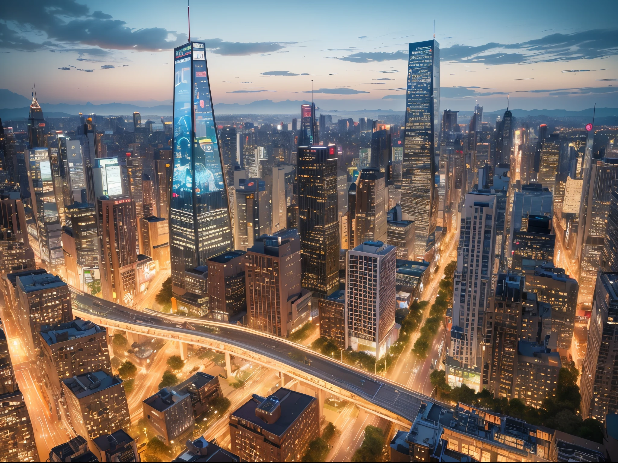 Capture the essence of the digital media universe as an intricately detailed, hyperrealistic cityscape. Visualize each category as a skyscraper with holographic signs representing genres and sub-genres. Incorporate the characters from "Buffy the Vampire Slayer" in larger-than-life holographic projections, making the interface come alive in a cinematic and immersive way.