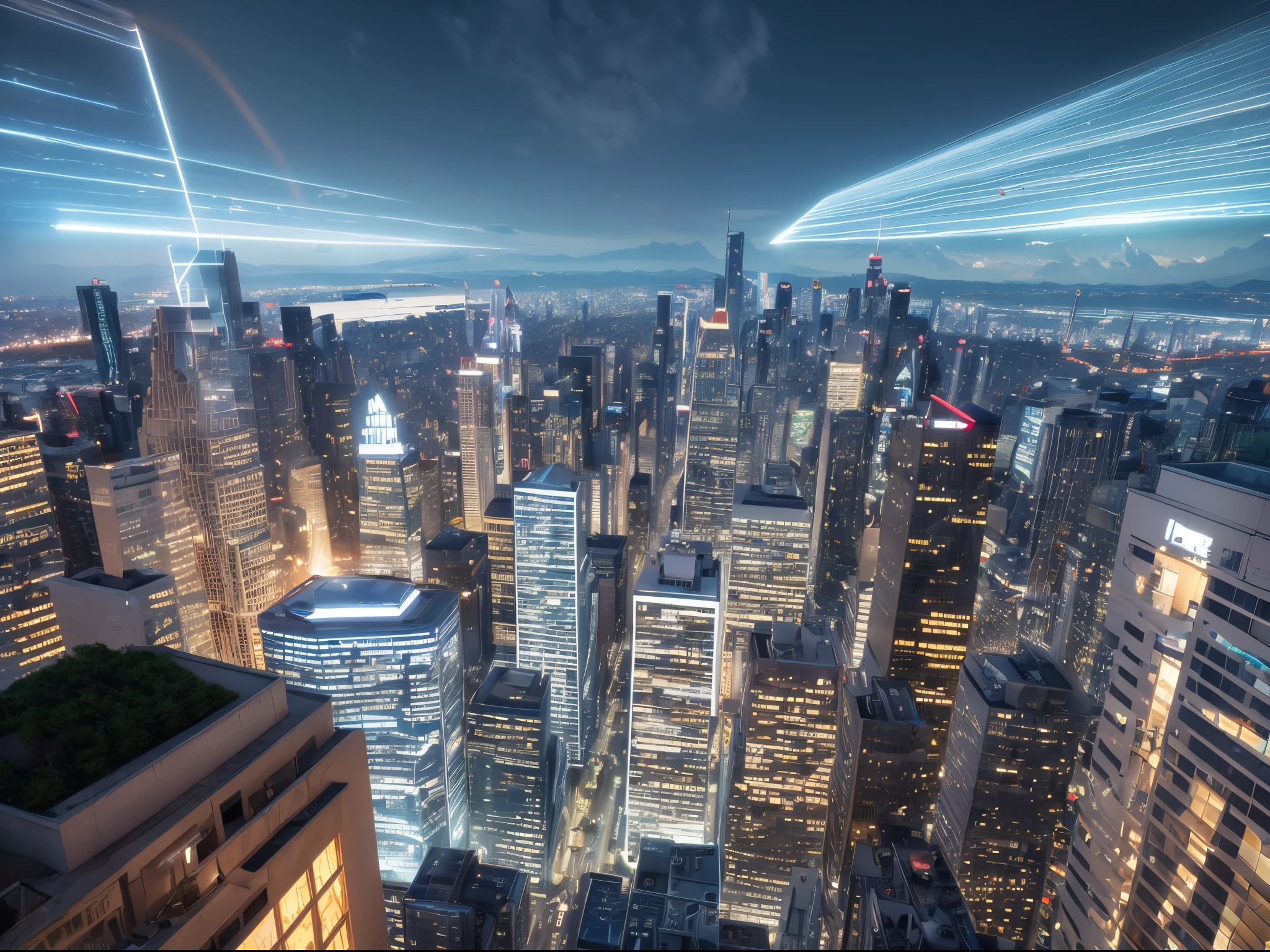 Capture the essence of the digital media universe as an intricately detailed, hyperrealistic cityscape. Visualize each category as a skyscraper with holographic signs representing genres and sub-genres. Incorporate the characters from "Buffy the Vampire Slayer" in larger-than-life holographic projections, making the interface come alive in a cinematic and immersive way.