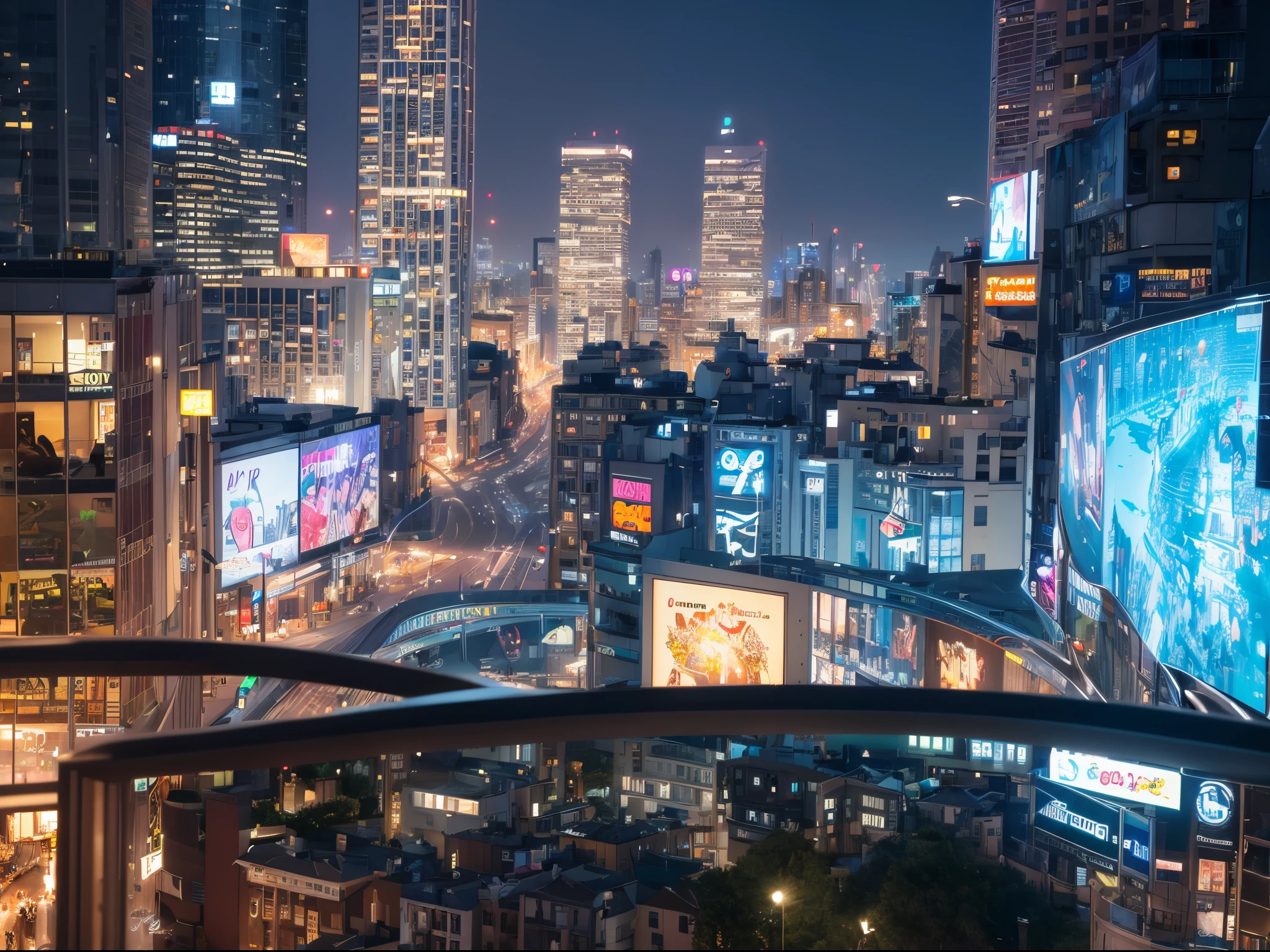 Capture the essence of the digital media universe as an intricately detailed, hyperrealistic cityscape. Visualize each category as a skyscraper with holographic signs representing genres and sub-genres. Incorporate the characters from "Buffy the Vampire Slayer" in larger-than-life holographic projections, making the interface come alive in a cinematic and immersive way.